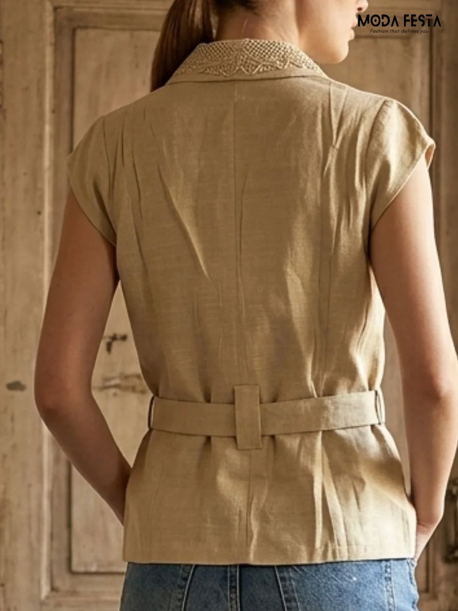ModaFesta -Lace Collar Button-Down Top with Waist Tie